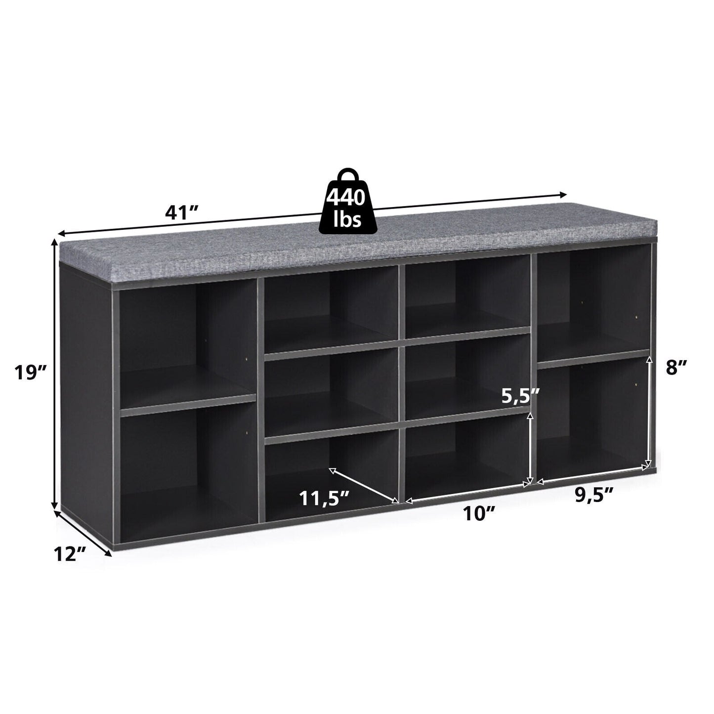 Grandiose 10-Cube Shoe Storage Bench with Padding